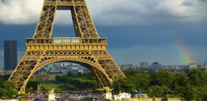Eiffel Tower in Paris with a rainbow