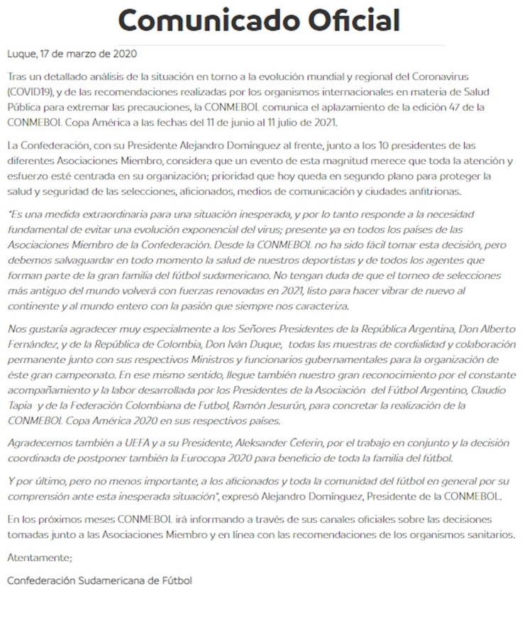 Comunicado oficial de la Conmebol sobre la postergación para el 2021 de la Copa América