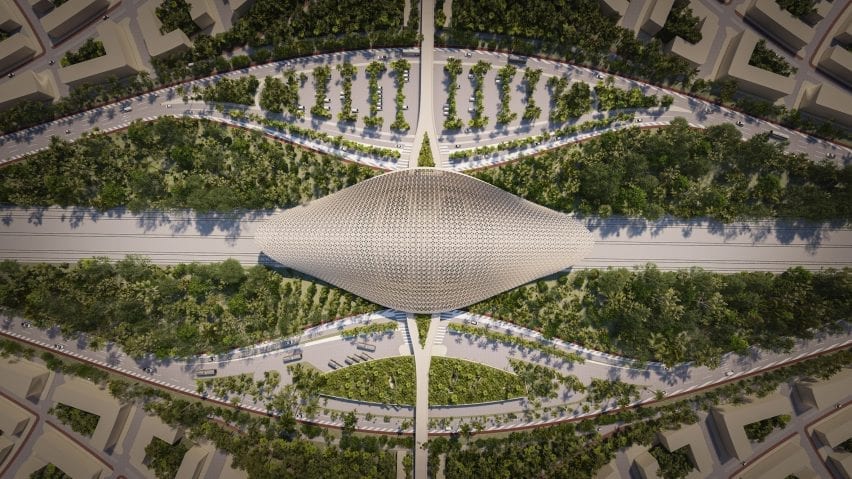 Aerial view render of train station planned for Mexico