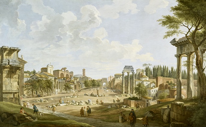 Giovanni Paolo Panini, View of the Roman Forum, 1747, oil on canvas, Painted surface H: 32 1/4 x W: 52 9/16 in. (81.9 x 133.5 cm); Stretcher H: 32 5/16 x W: 52 15/16 in. (82 x 134.5 cm), Museum purchase, 1954 (The Walters Art Museum, 37.2366)